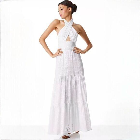Alice + Olivia Lyndon Tiered Maxi Dress Cross Front Halter Eyelet Lace Open Back - Picture 1 of 14